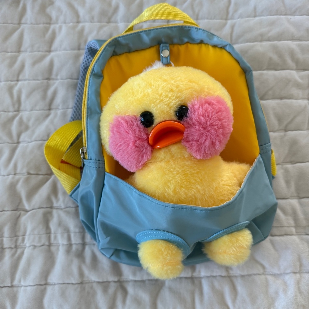 Kids backpack blue yellow detachable plush duck